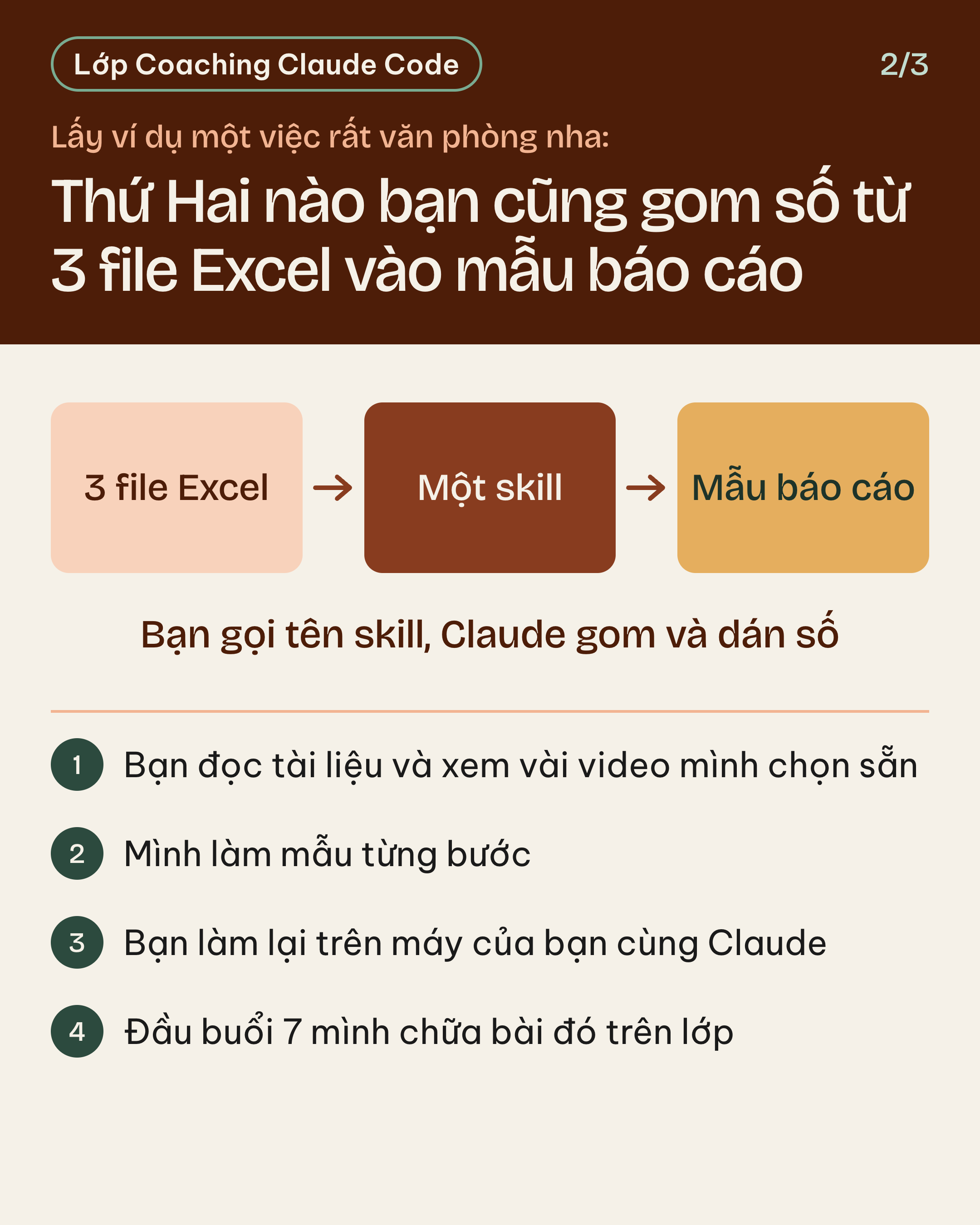 Thứ Hai nào bạn cũng gom số từ 3 file Excel vào mẫu báo cáo: 3 file Excel thành một skill rồi ra mẫu báo cáo, và bốn bước học skill đó