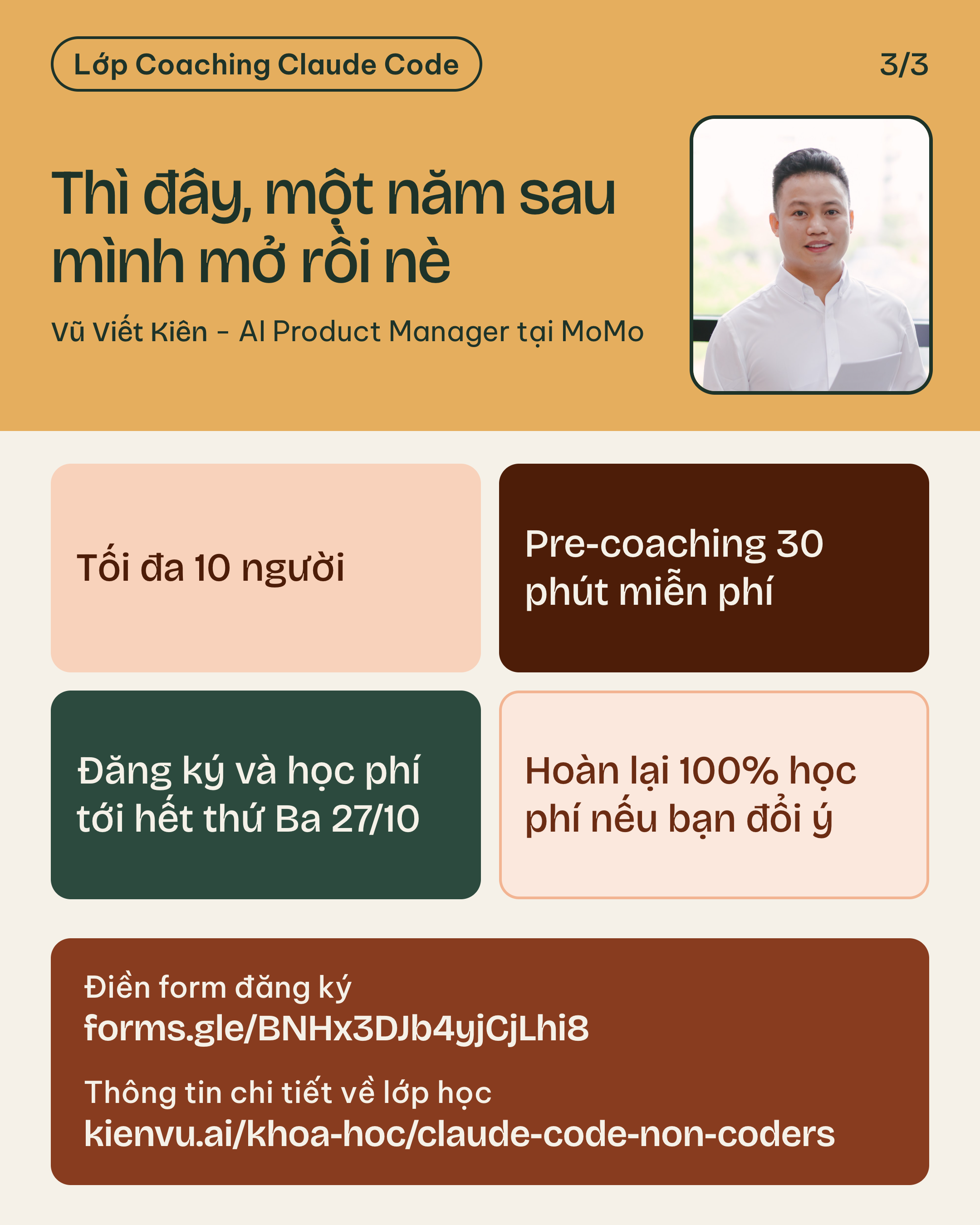 Thì đây, một năm sau mình mở rồi nè: tối đa 10 người, pre-coaching 30 phút miễn phí, đăng ký và học phí tới hết thứ Ba 27/10, hoàn lại 100% học phí nếu bạn đổi ý