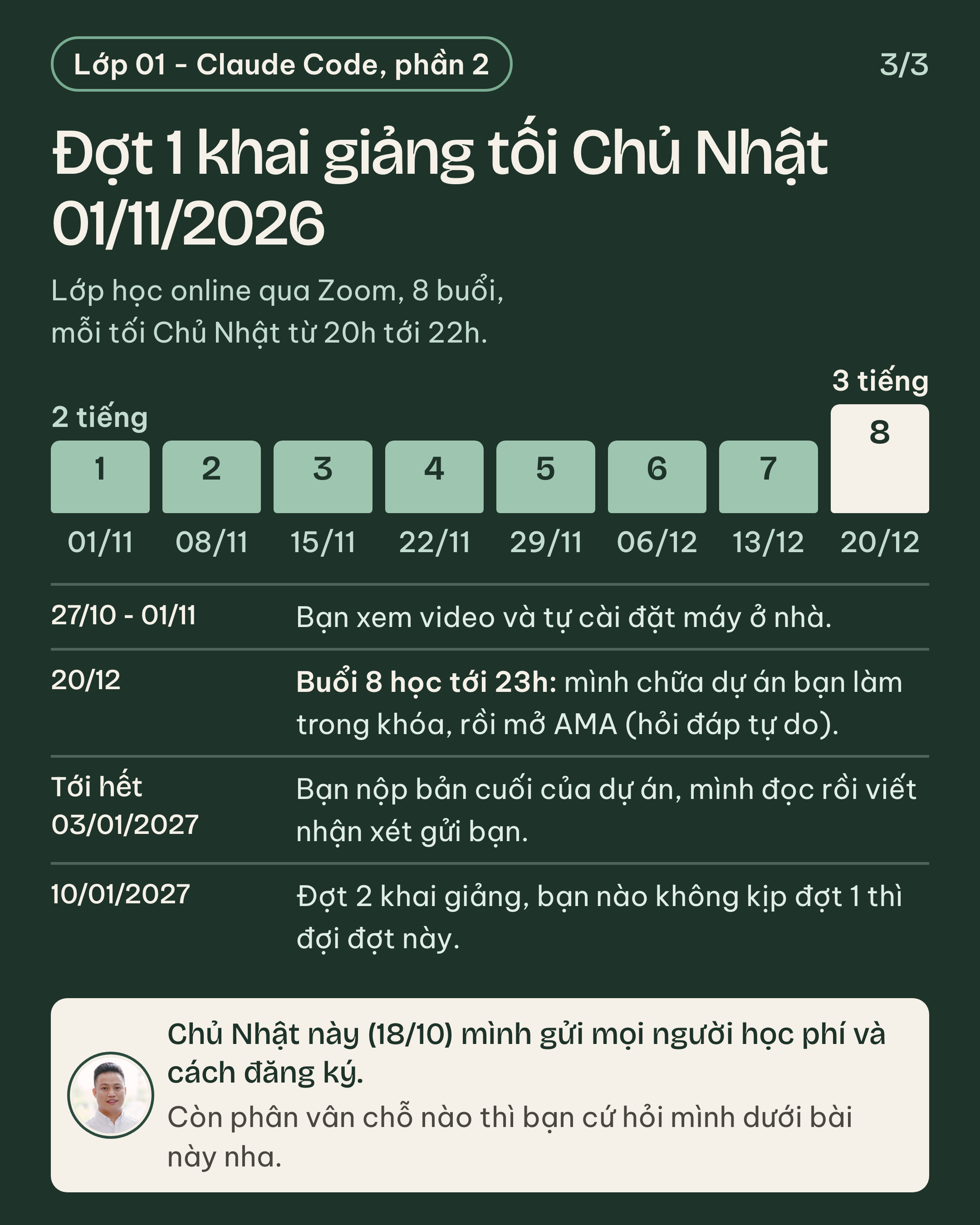 Đợt 1 khai giảng tối Chủ Nhật 01/11/2026: lịch 8 buổi từ 01/11 tới 20/12 và các mốc tới 10/01/2027